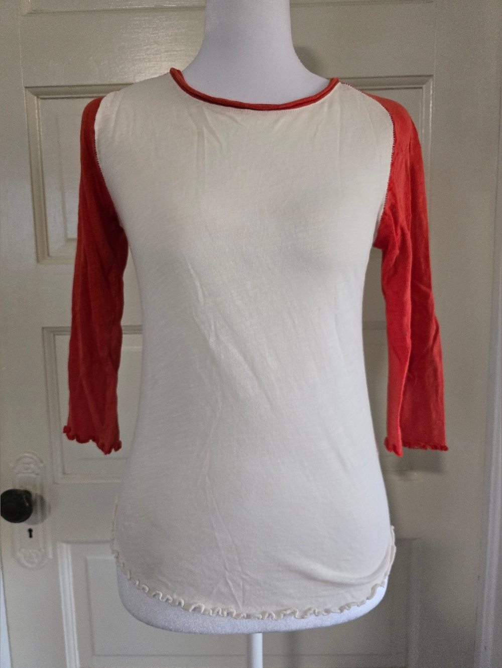 We The Free White Top with Coral Red Raglan Sleeves